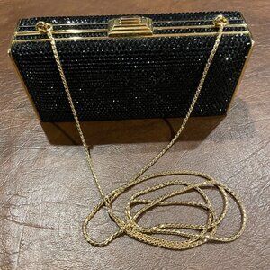 Vintage Judith Leiber Black Crystal Clutch with Gold Trim.